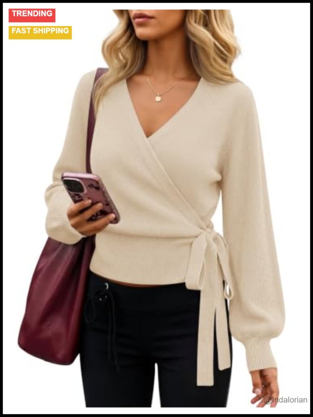 V Neck Wrap Belted Cropped Sweater Long Sleeve Office Casual